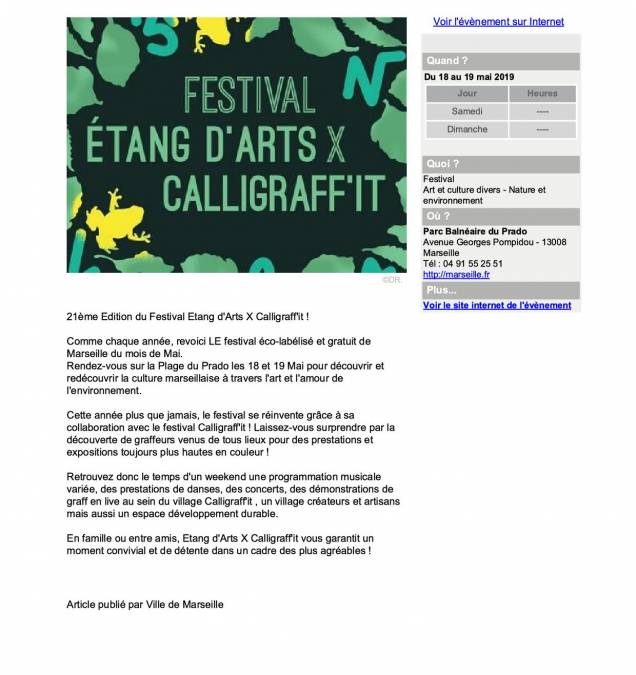 Edition du festival familial pluridisciplinaire Etang d’Arts se déroulera à Marseille les 18 et 19 mai 2019